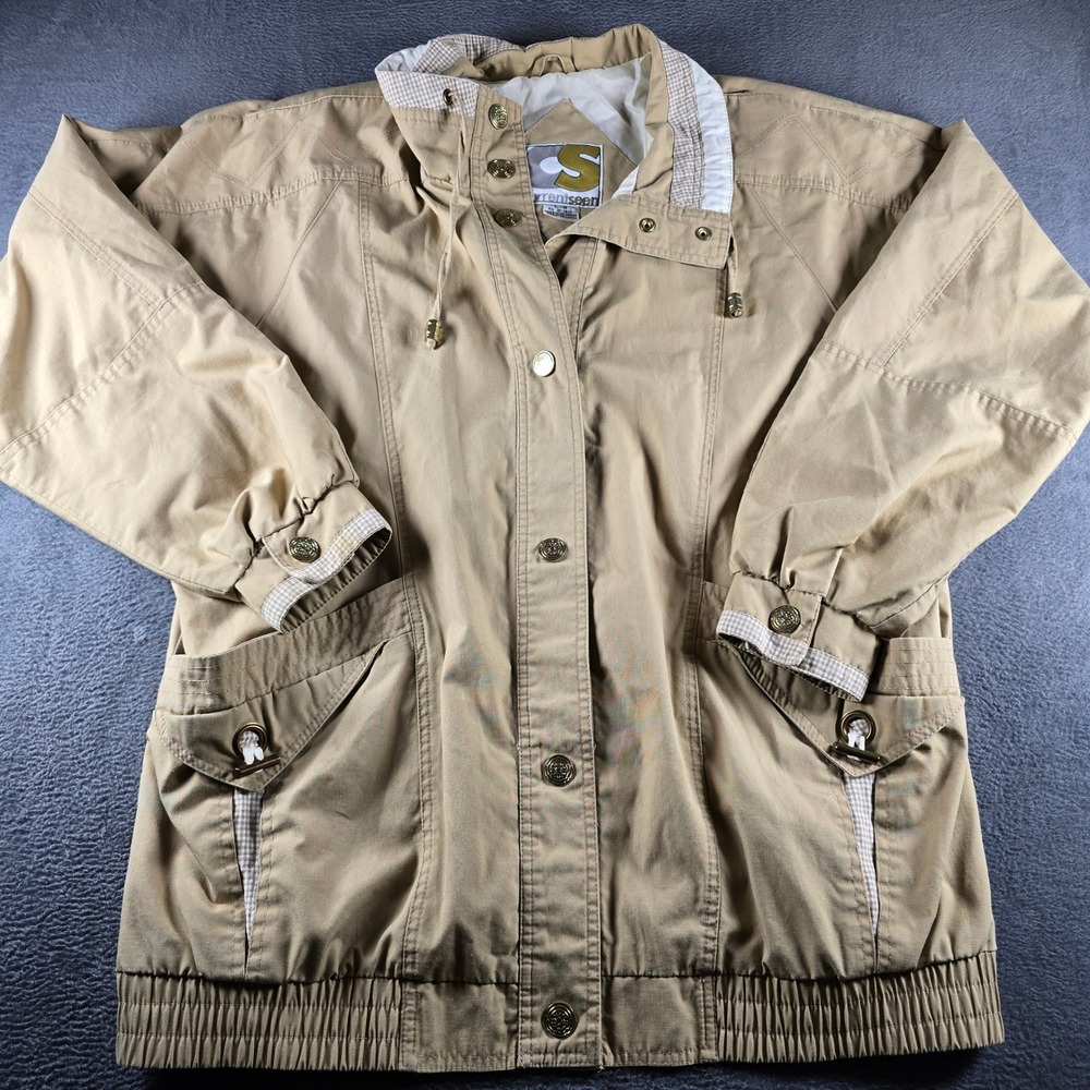 Vintage Current Seen Tan Khaki Utility Jacket Gingham Trim Gold Buttons Large